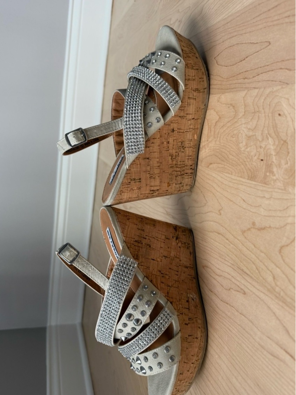 VENUS Silver Rhinestone & Stud Cork Platform Wedge Sandals - Picture 6 of 8